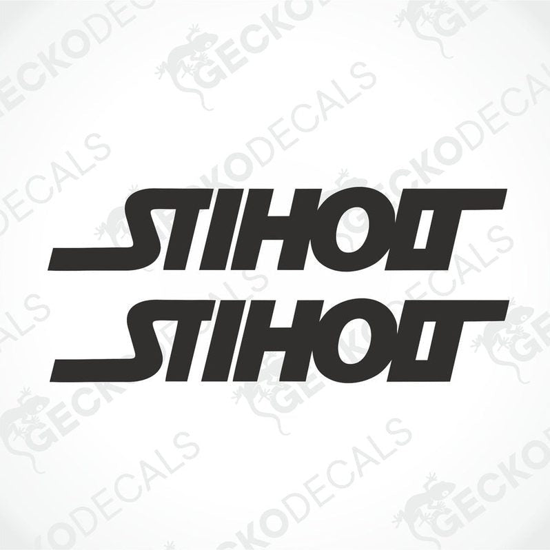 Two black stickers with the text 'STIHOLT' in capital letters, delivered on a white background with a GeckoDecals logo at the bottom.