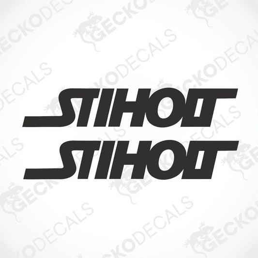Two black stickers with the text 'STIHOLT' in capital letters, delivered on a white background with a GeckoDecals logo at the bottom.