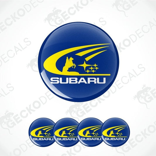 Set of Subaru logos in blue and yellow on a white background with 'Gecko Decals' watermark.