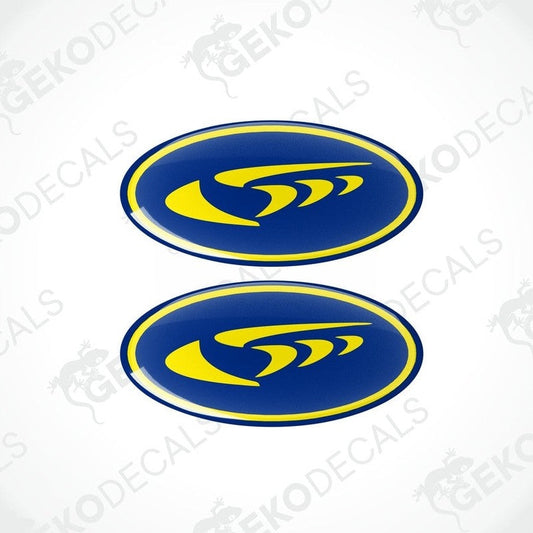Two blue and yellow vinyl decals with Subaru logo design.