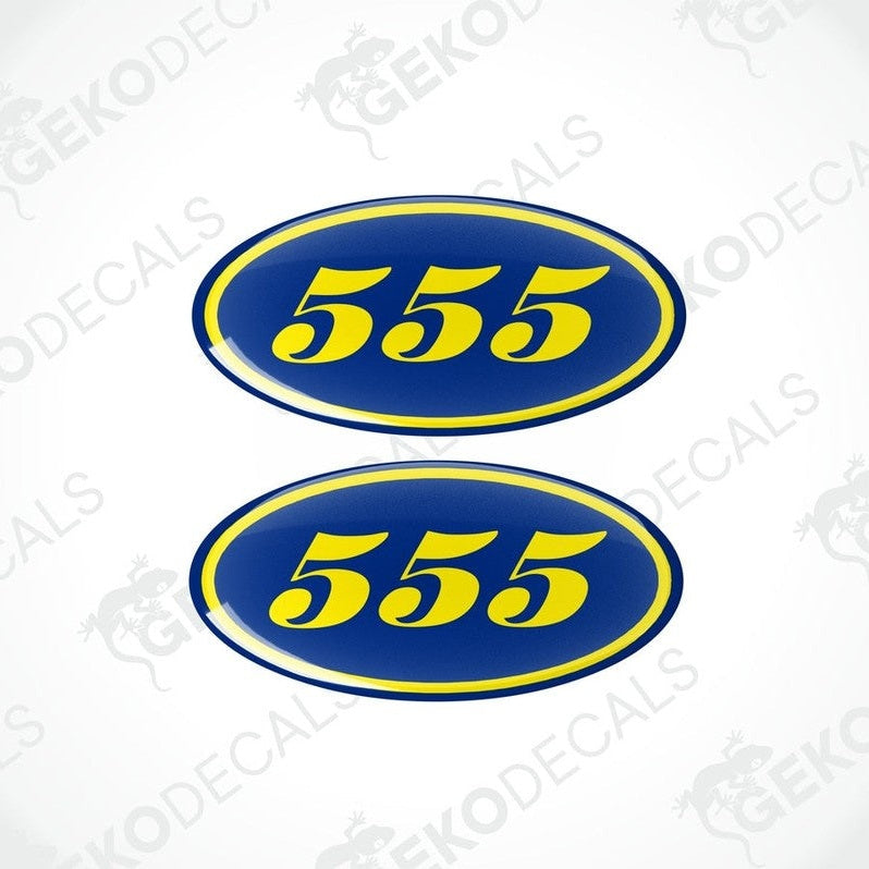 Two blue Subaru vinyl stickers with the number 555 and a yellow border.