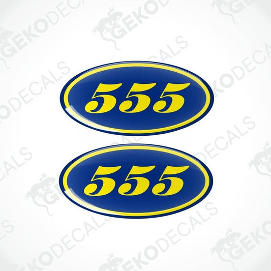 Two blue Subaru vinyl stickers with the number 555 and a yellow border.