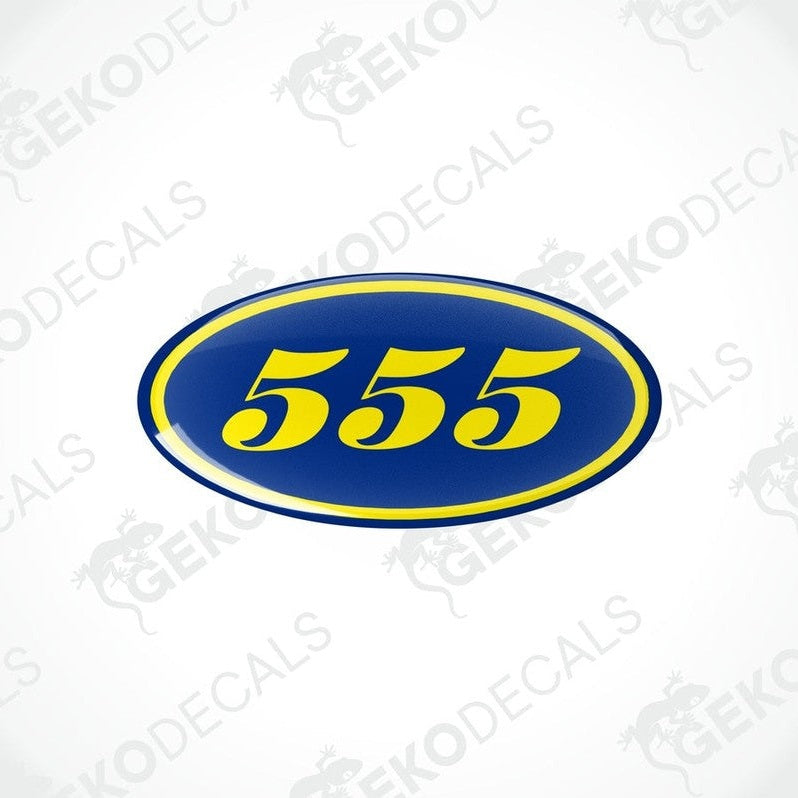 Blue Subaru vinyl stickers with the number 555 and a yellow border.