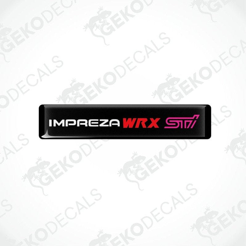  Black vinyl stickers with the text 'IMPREZA WRX STI' in red and pink. The stickers are designed to be applied on a vehicle.