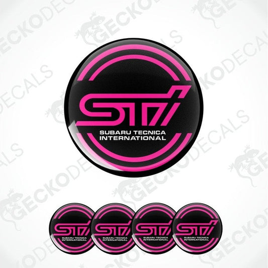 Set of Subaru Tecnica International (STI) decals with pink and black design on a white background.