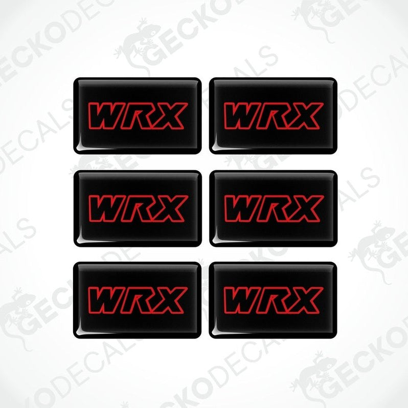 A set of six black vinyl stickers with the word 'WRX' in red and white.