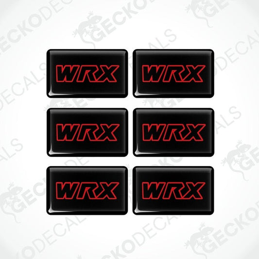 A set of six black vinyl stickers with the word 'WRX' in red and white.