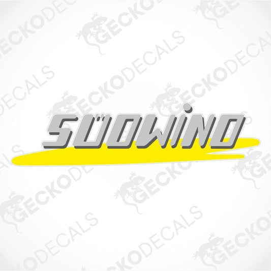 A die cut sticker with a yellow, gray, black, and white color scheme, featuring the text 'SÜDWIND'.