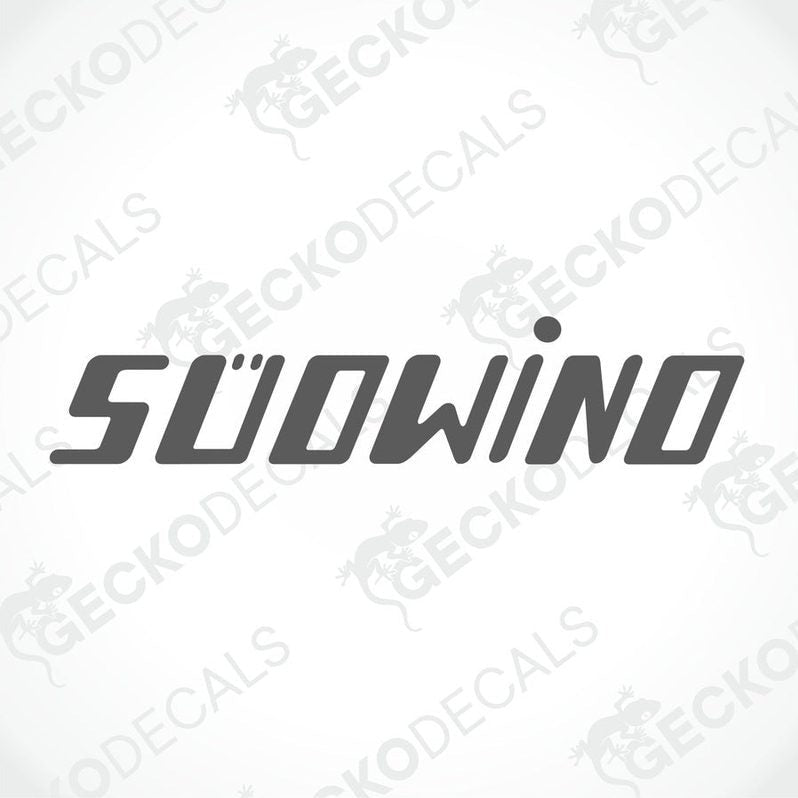 A silver die cut sticker with the brand name SÜDWIND printed on it, delivered on a white background with a Gecko Decals logo.