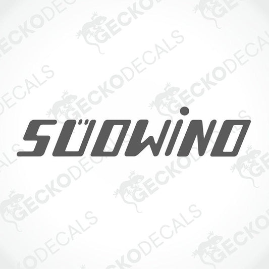 A silver die cut sticker with the brand name SÜDWIND printed on it, delivered on a white background with a Gecko Decals logo.