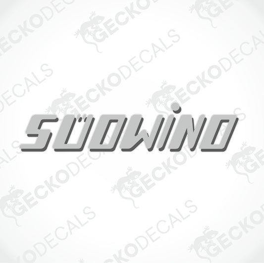 SÜDWIND gray gradient die-cut car decal sticker with bold stylized lettering and glossy finish