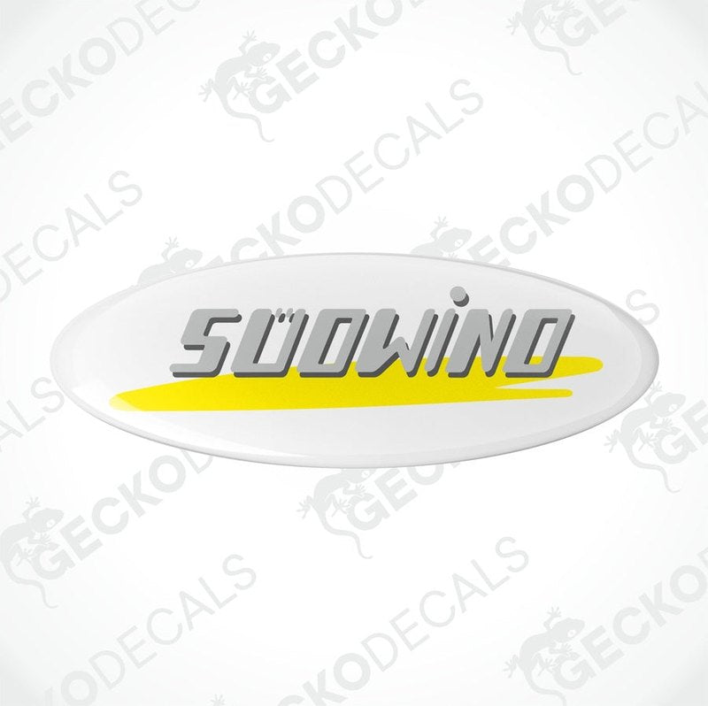 Two white vinyl stickers with the text 'SÜDWIND' in yellow and gray, placed on a white background.