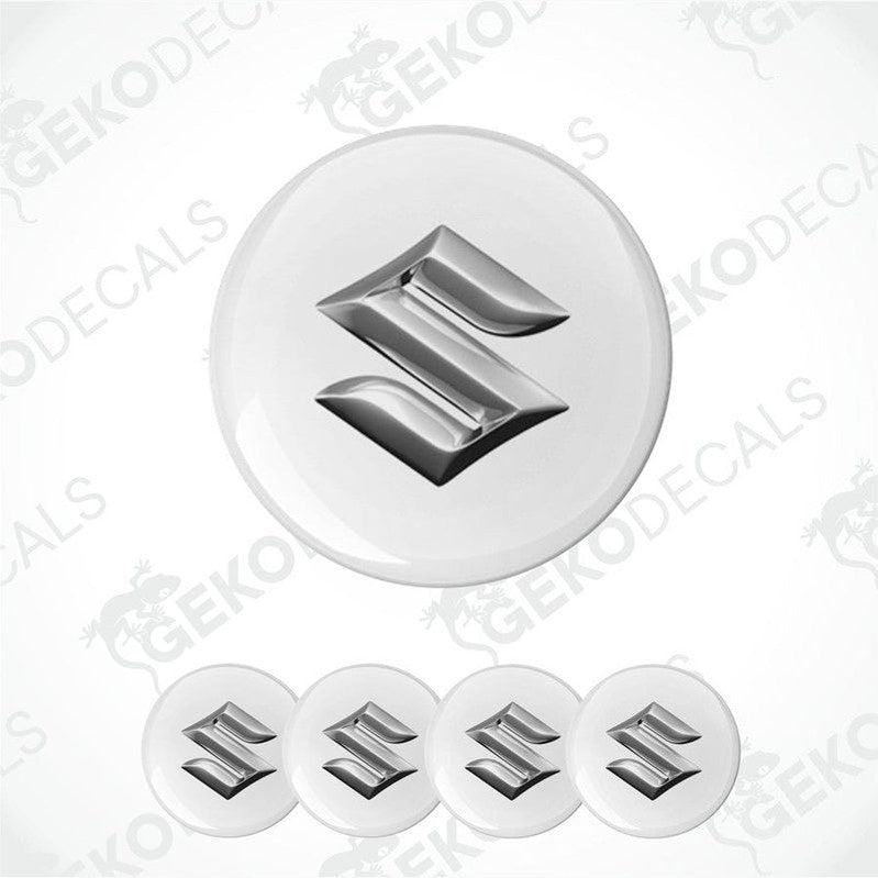 A set of five vinyl decals with polyurethane coating featuring the SUZUKI logo, displayed on a white background.