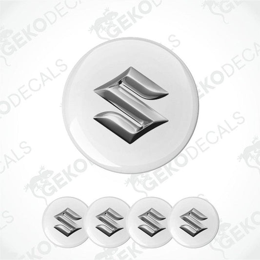 A set of five vinyl decals with polyurethane coating featuring the SUZUKI logo, displayed on a white background.