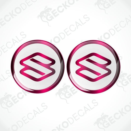 Two pink and white Suzuki logos on a white background with 'Gecko Decals' branding.