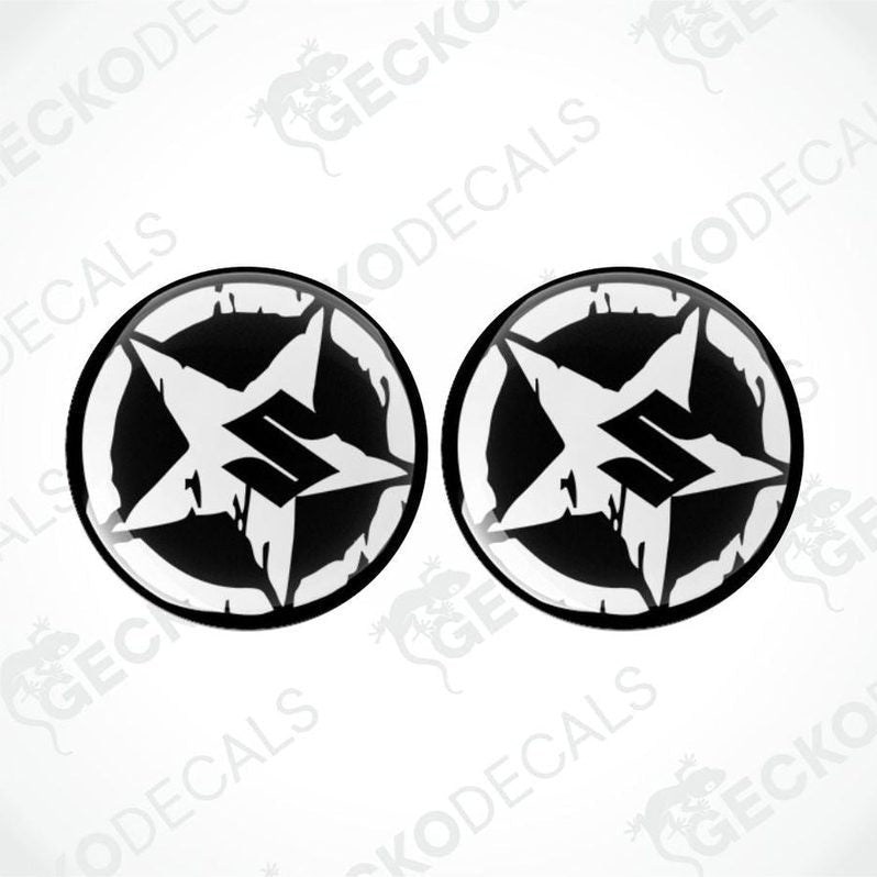 Two black and white star-shaped decals with a brand logo on a white background.