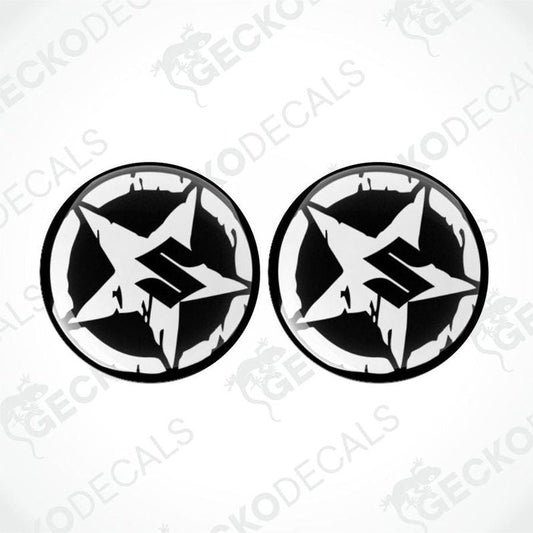Two black and white star-shaped decals with a brand logo on a white background.