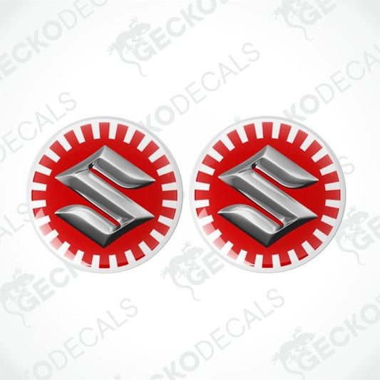Two red and silver Suzuki logos on a white background with 'Gecko Decals' branding.