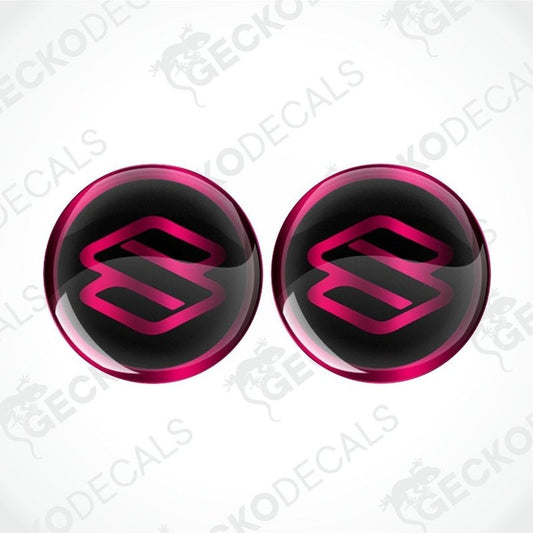 Two glossy black and pink circular emblems with a logo on a white background with 'Gecko Decals' branding.