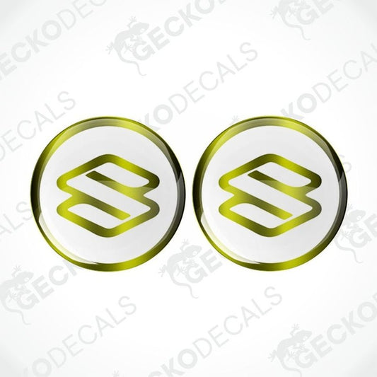 Two green and white circular stickers with a logo on a white background.