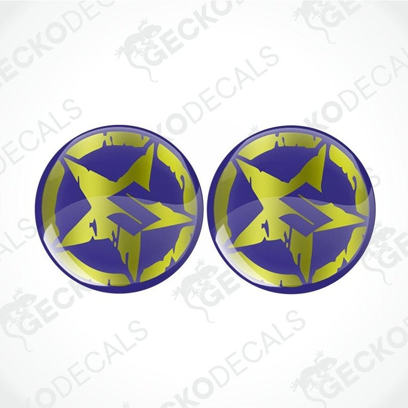 Two round blue and yellow star-shaped decals on a white background with 'Gecko Decals' branding.