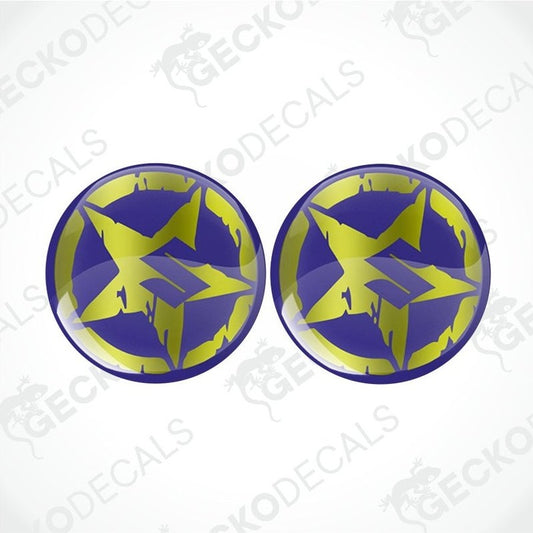 Two round blue and yellow star-shaped decals on a white background with 'Gecko Decals' branding.