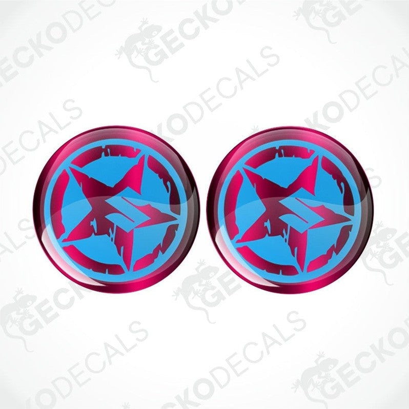 Two round blue and pink geometric decal stickers on a white background with 'Gecko Decals' branding.