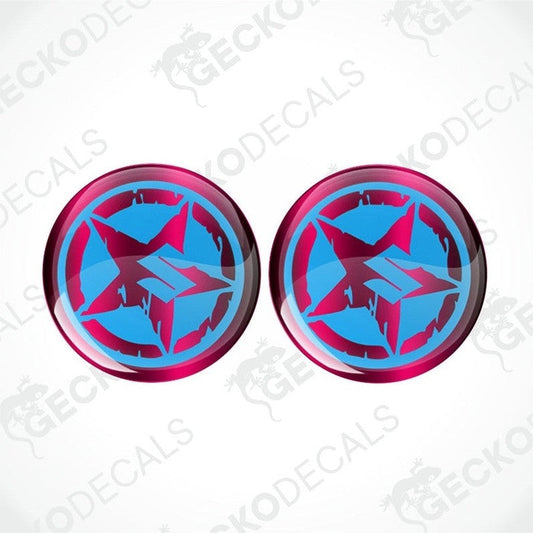 Two round blue and pink geometric decal stickers on a white background with 'Gecko Decals' branding.