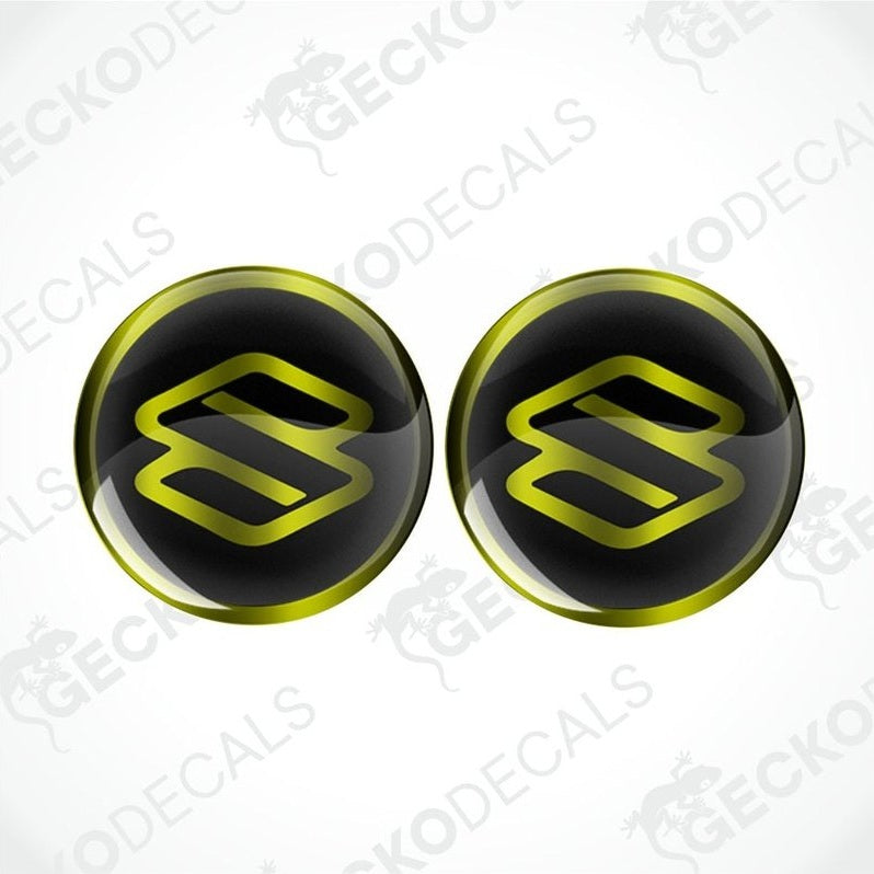 Two round black stickers with a yellow logo on a white background with 'Gecko Decals' branding.