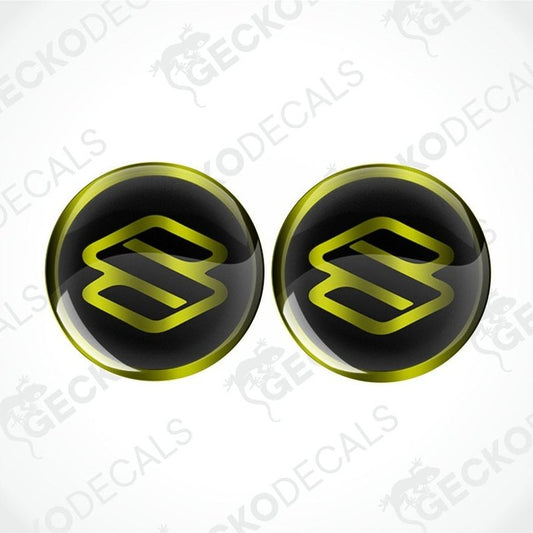 Two round black stickers with a yellow logo on a white background with 'Gecko Decals' branding.