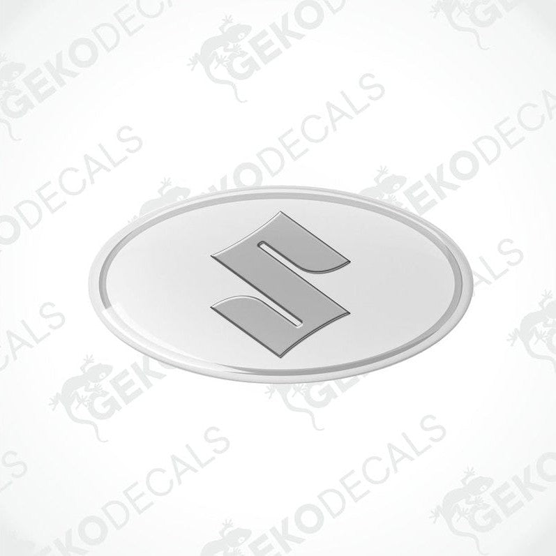  Round white vinyl stickers with a silver 'S' logo for SUZUKI, with a visible GeckoDecals logo in the corner.