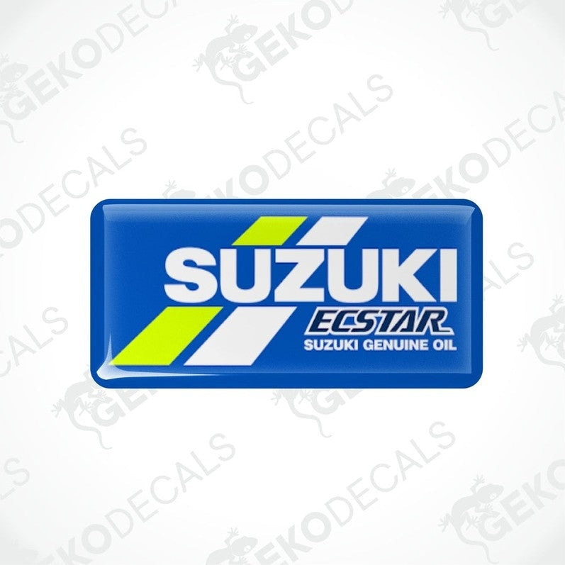  Blue vinyl stickers with the text 'SUZUKI ECSTAR GENUINE OIL' and a logo depicting a stylized tire and the Suzuki logo in white and green.