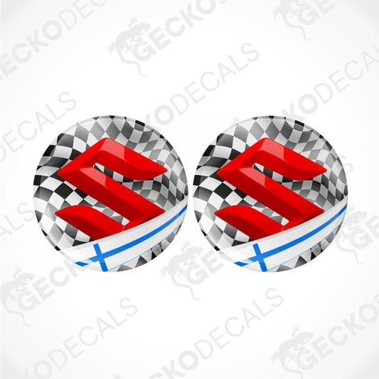 Two round red 'S' logos with checkered pattern on a white background
