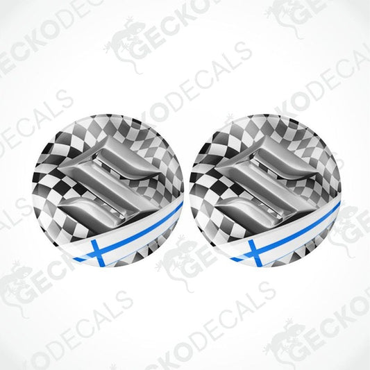 Two round decal stickers with checkered pattern and blue stripe on a white background, branded 'Gecko Decals'.