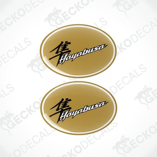 Two gold 'Hayabusa' decals with black text on a white background.