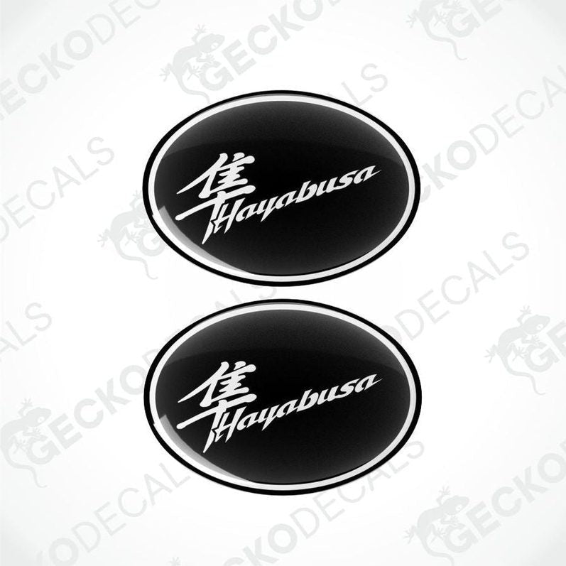 Two black oval decals with 'Hayabusa' text on a white background.