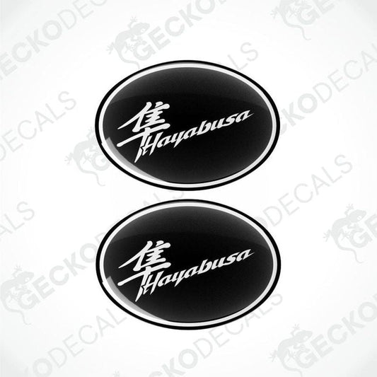 Two black oval decals with 'Hayabusa' text on a white background.