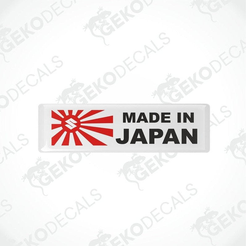  Rectangular vinyl decals with a polyurethane coating featuring the text 'MADE IN JAPAN' and a red sun emblem.