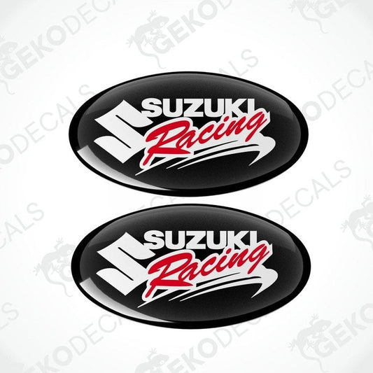 Two black vinyl stickers with the text 'SUZUKI RACING' in red and white.