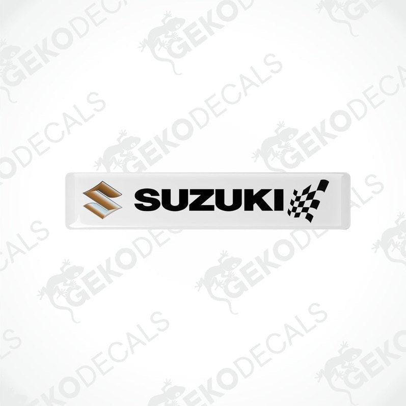 White rectangular vinyl decals with the SUZUKI brand logo and checkered flag design.