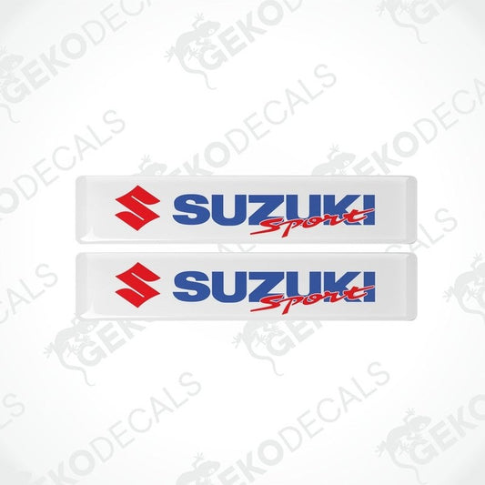 Two white vinyl decals with the text 'SUZUKI Sport' in red and blue.