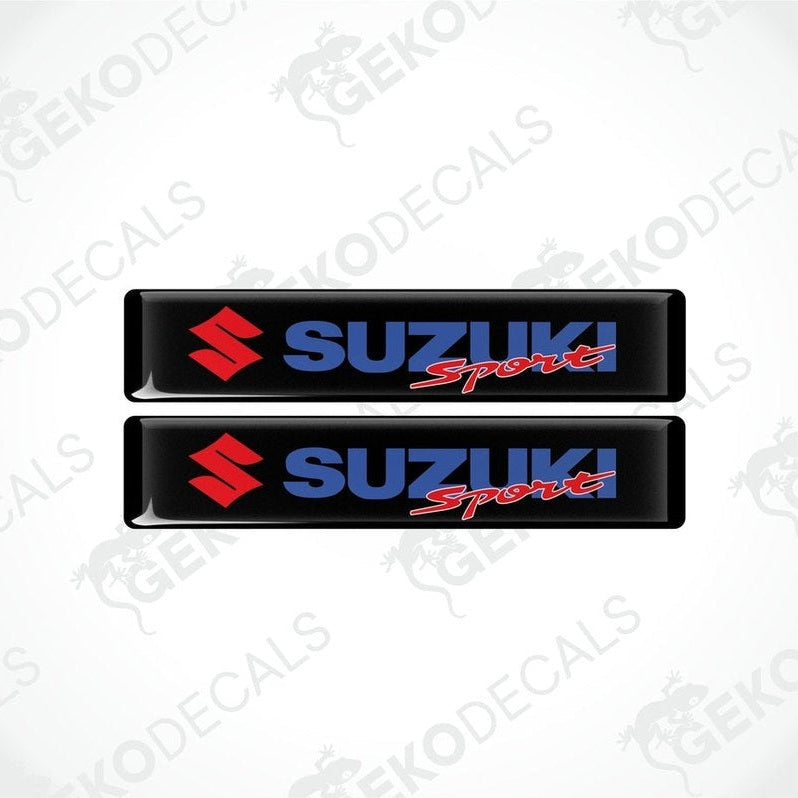 Two black vinyl decals with the text 'SUZUKI Sport' in red and blue.