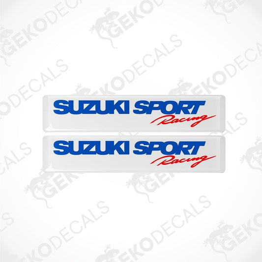 Two blue and white vinyl stickers with the text 'SUZUKI SPORT RACING' printed on them.