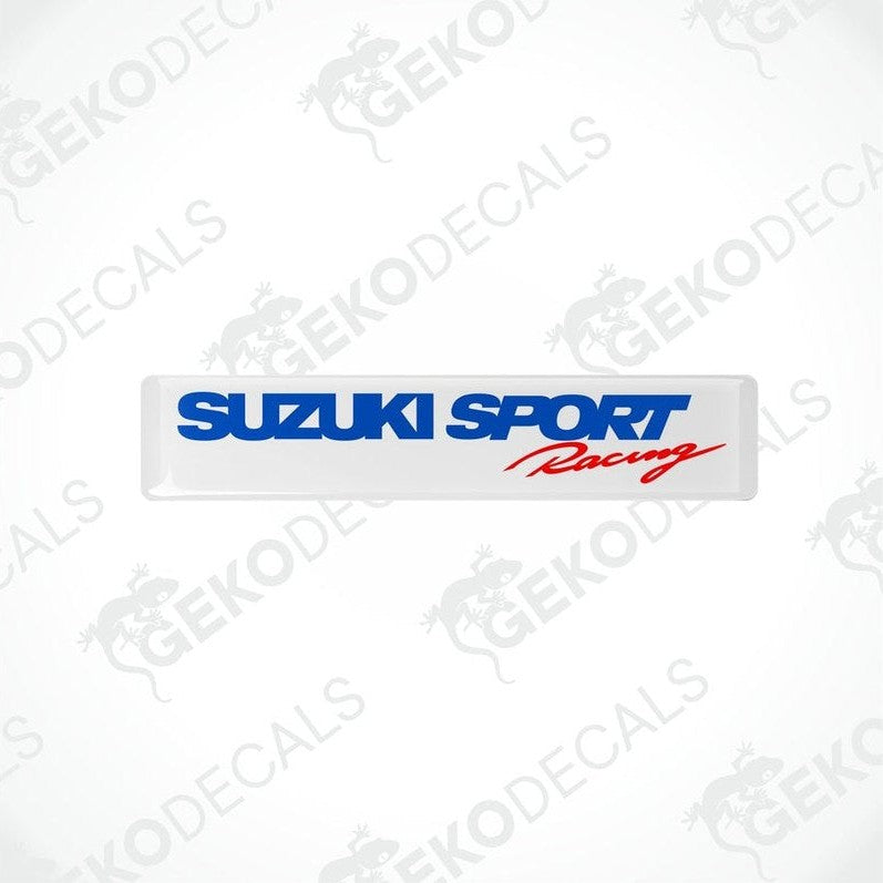 Blue and white vinyl stickers with the text 'SUZUKI SPORT RACING' printed on them.