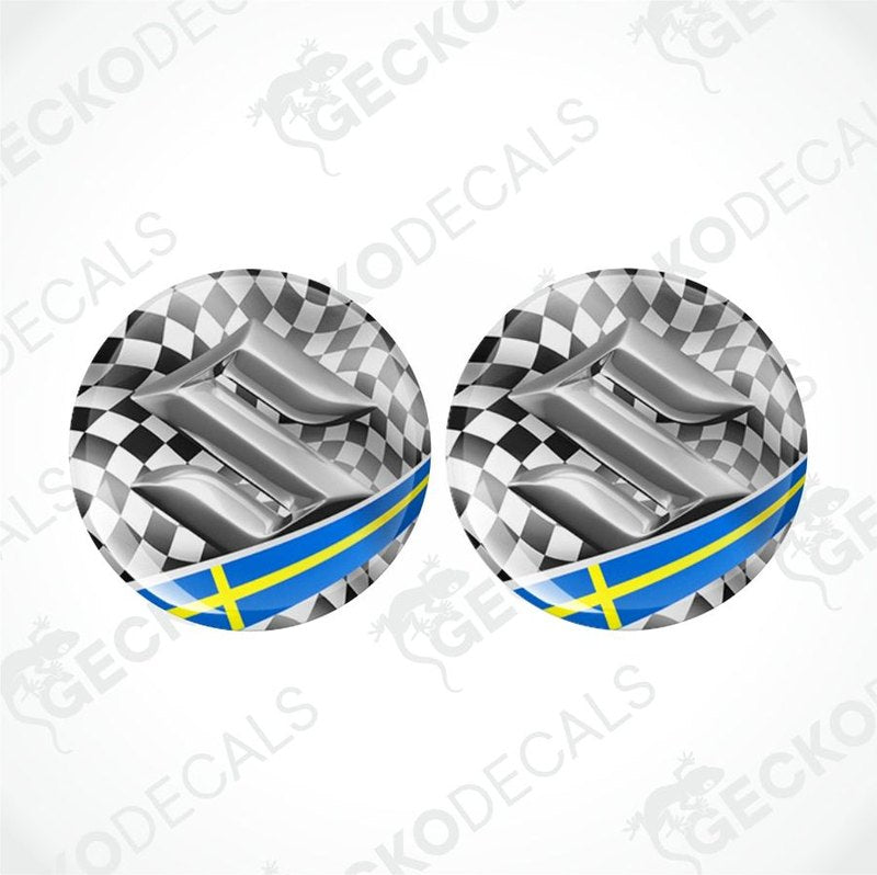 Two round car stickers with checkered pattern and blue band on a white background.