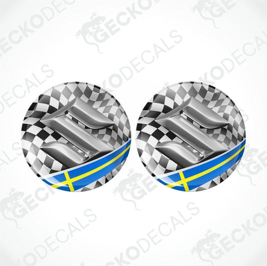 Two round car stickers with checkered pattern and blue band on a white background.