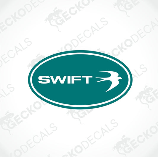 A green, black, and white geometric shaped decal with the word 'SWIFT' inside.