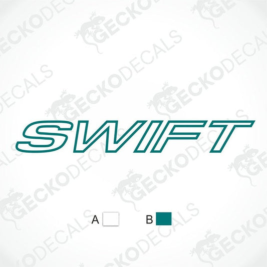SWIFT caravan decal in teal and white with bold stylized lettering