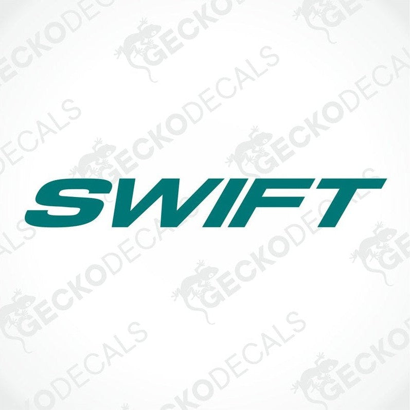 A die cut decal with the word 'SWIFT' in green and white colors, delivered on transfer paper.