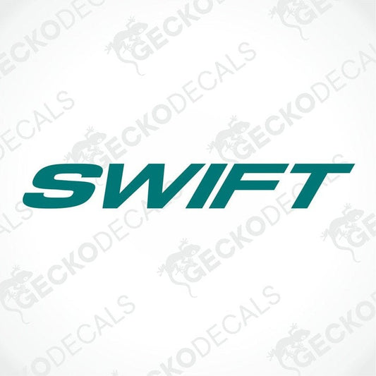 A die cut decal with the word 'SWIFT' in green and white colors, delivered on transfer paper.